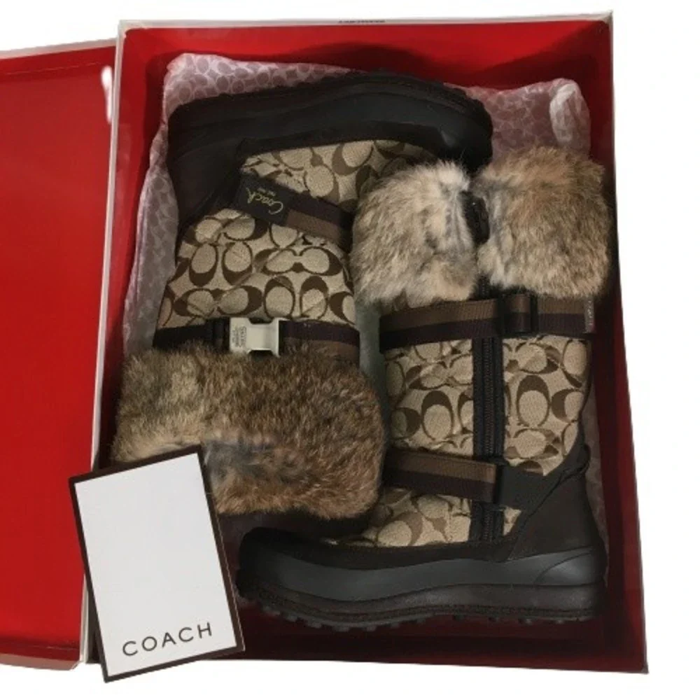 Coach Mariette Winter Snow Boot Sz 6M A7185 Signature Canvas Suede Fur Trim